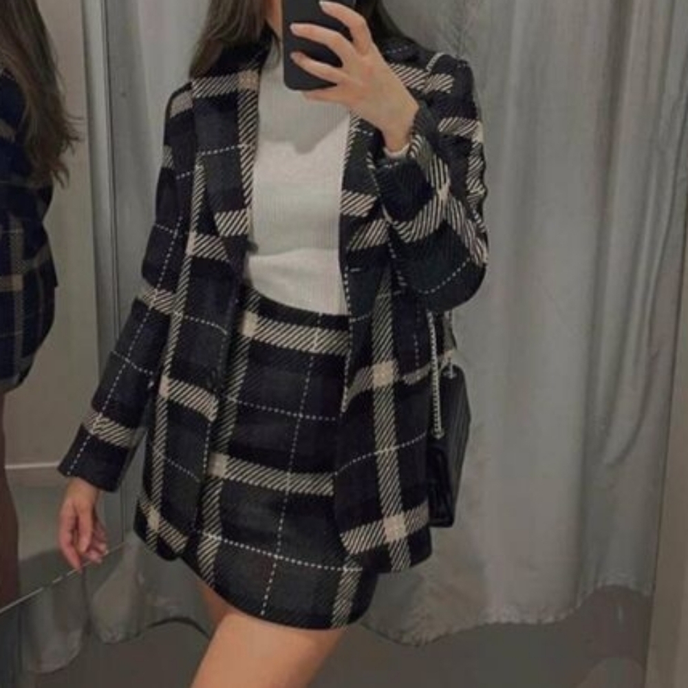 H&M Set Wool Blend Plaid Oversized Blazer Jacket Sz L+Skirt Sz 12 Gray Cream